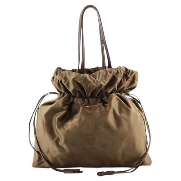Prada Vintage Tessuto Drawstring Logo Nylon Leather Tote Medium Bronze/Olive - Picture 1 of 15